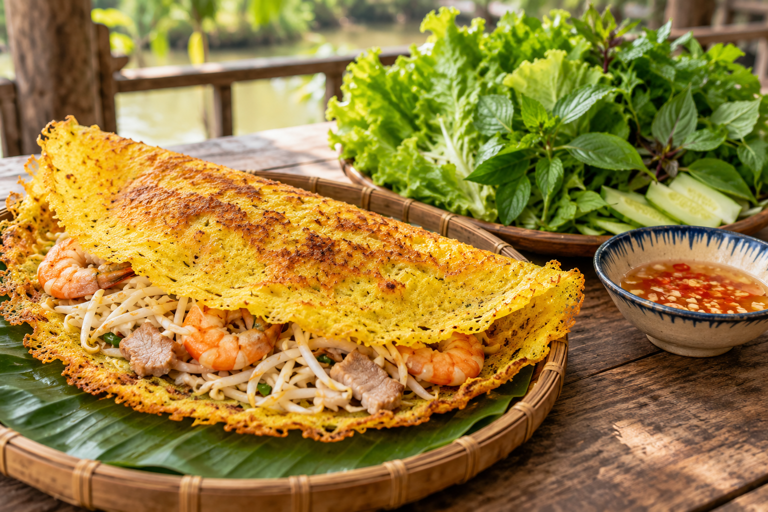 Bánh xèo vàng giòn ăn cùng rau xanh